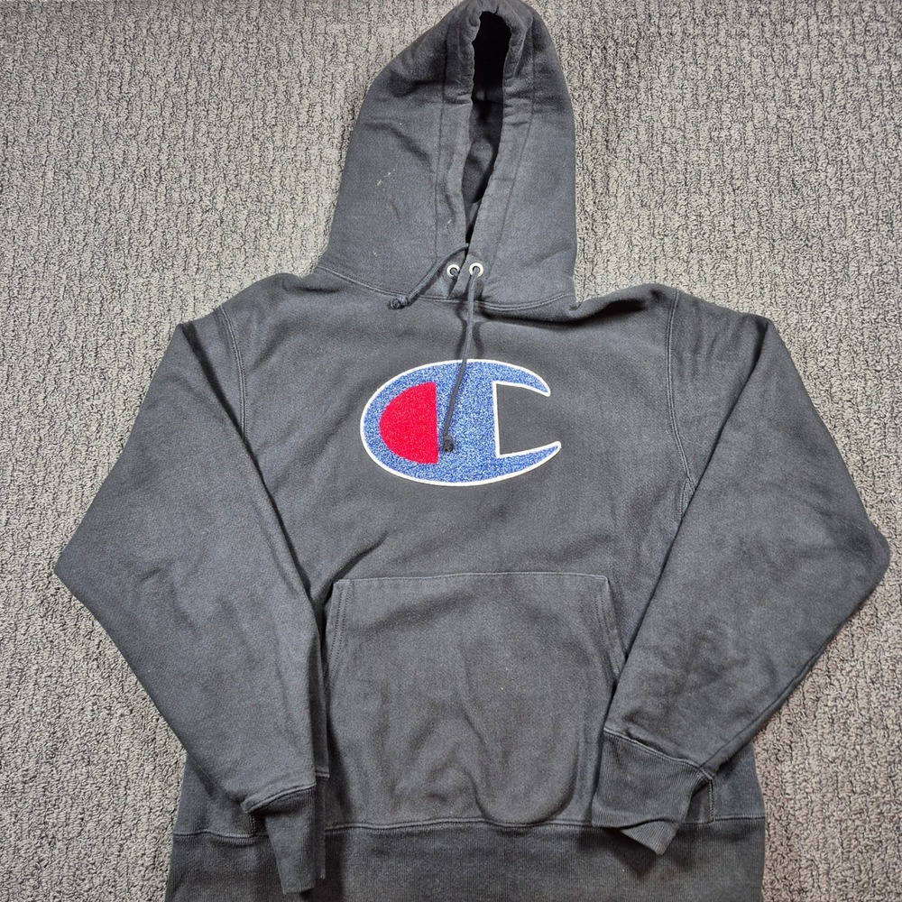 Champion Reverse Weave Hoodie Mens Medium Black Chenille Big C Logo GF68 BKC